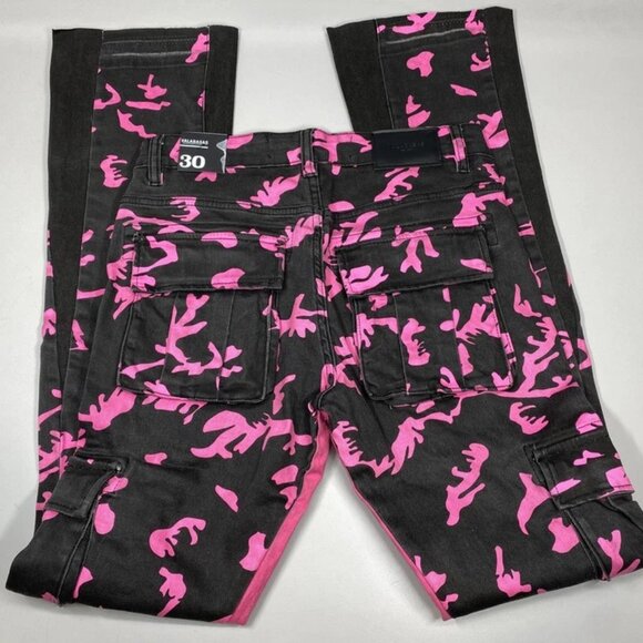 NEW VALABASAS Men's Cargo Jeans Black/Pink Size 30 Commander Rose Shadow Stacked - Picture 4 of 10